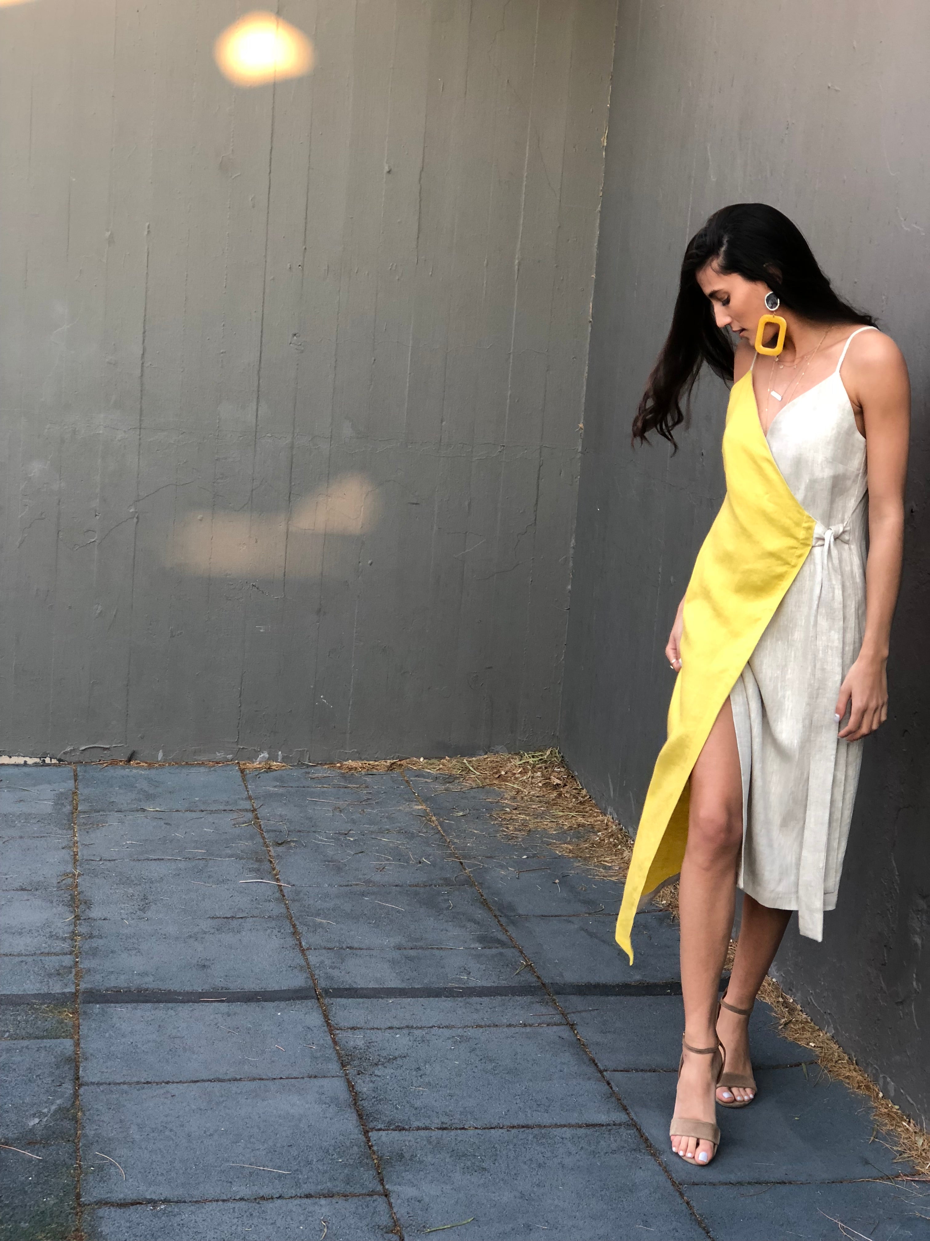 Midi Linen Wrap Dress (Beige and Yellow) M