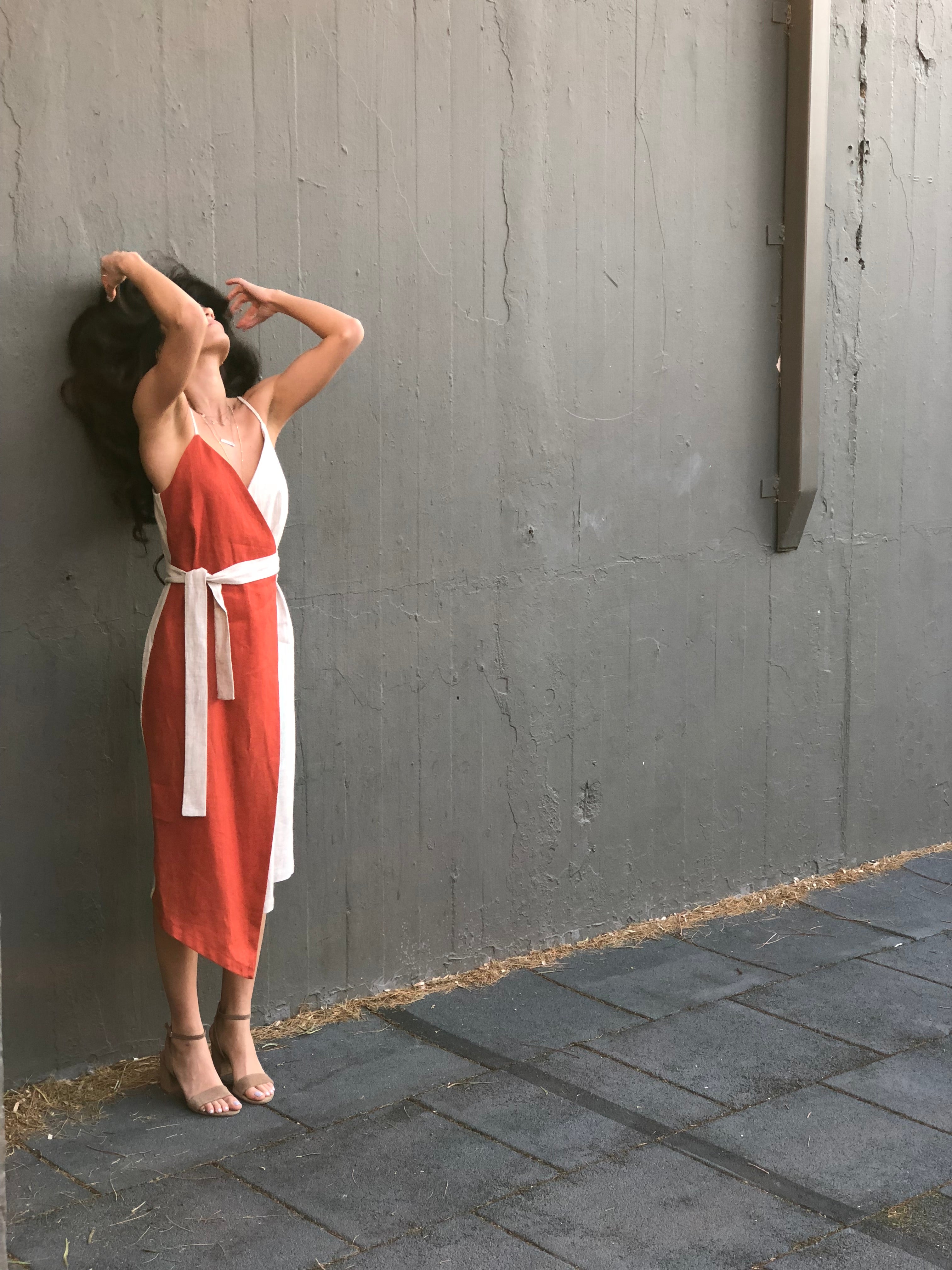 Midi Linen Wrap Dress (Beige and Orange) – Popella