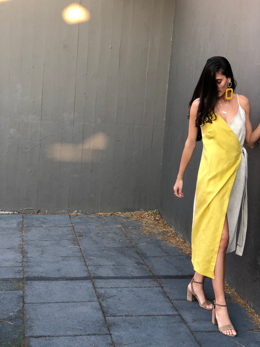 Midi Linen Wrap Dress (Beige and Yellow)