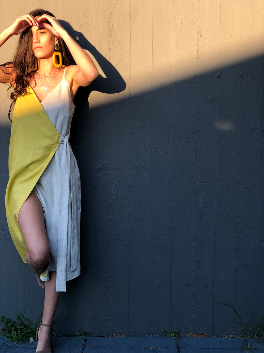 Midi Linen Wrap Dress (Beige and Yellow)